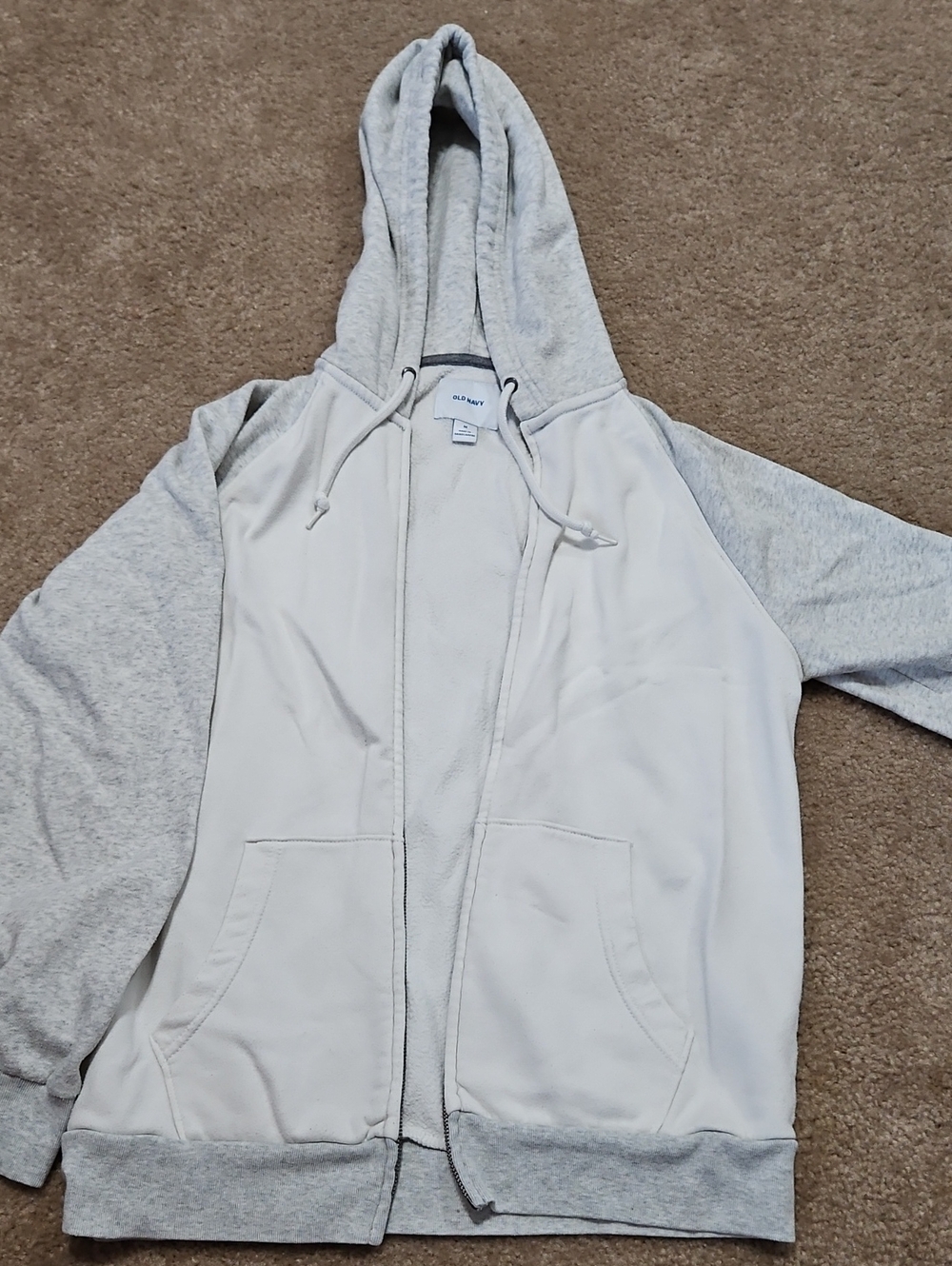 Old Navy White and Light Gray Hooded Zip-Up Sweater